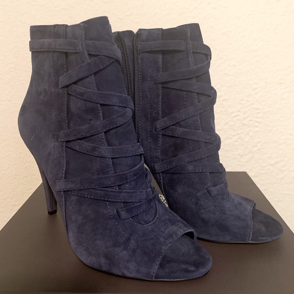 Vince Camuto Navy Heeled Open Toe Bootie